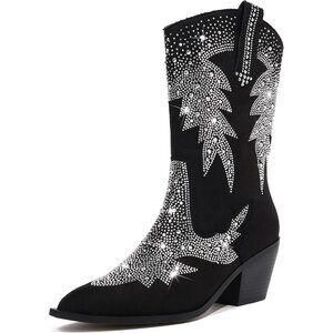 Women Polyurethane Ankle Black Pointed Toe Chunky Heel Rhinestone Tall Boot